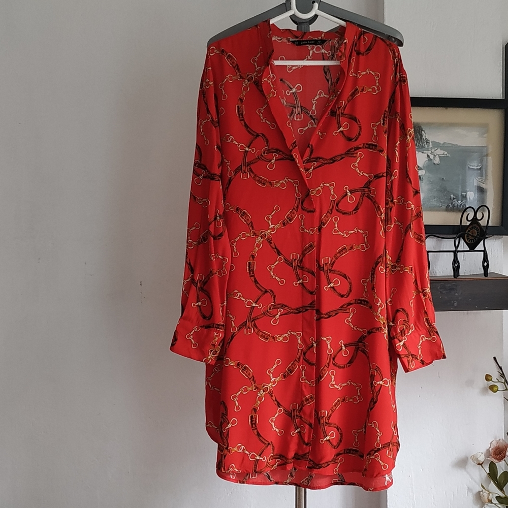Zara Red Chain print shirt Dress - Picture 6 of 12